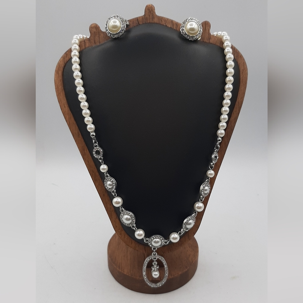 Womens Faux Pearl Silver Metal Rhinestones Necklace and Clip Earrings